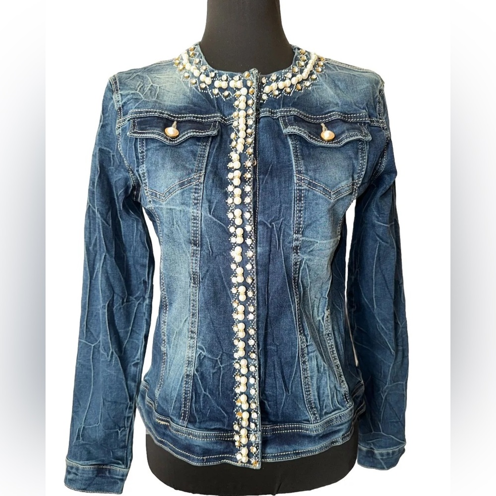 Embellished Beaded Denim Shirt Sz S NEW Mid-Blue Jacket Appliqués Embroidery